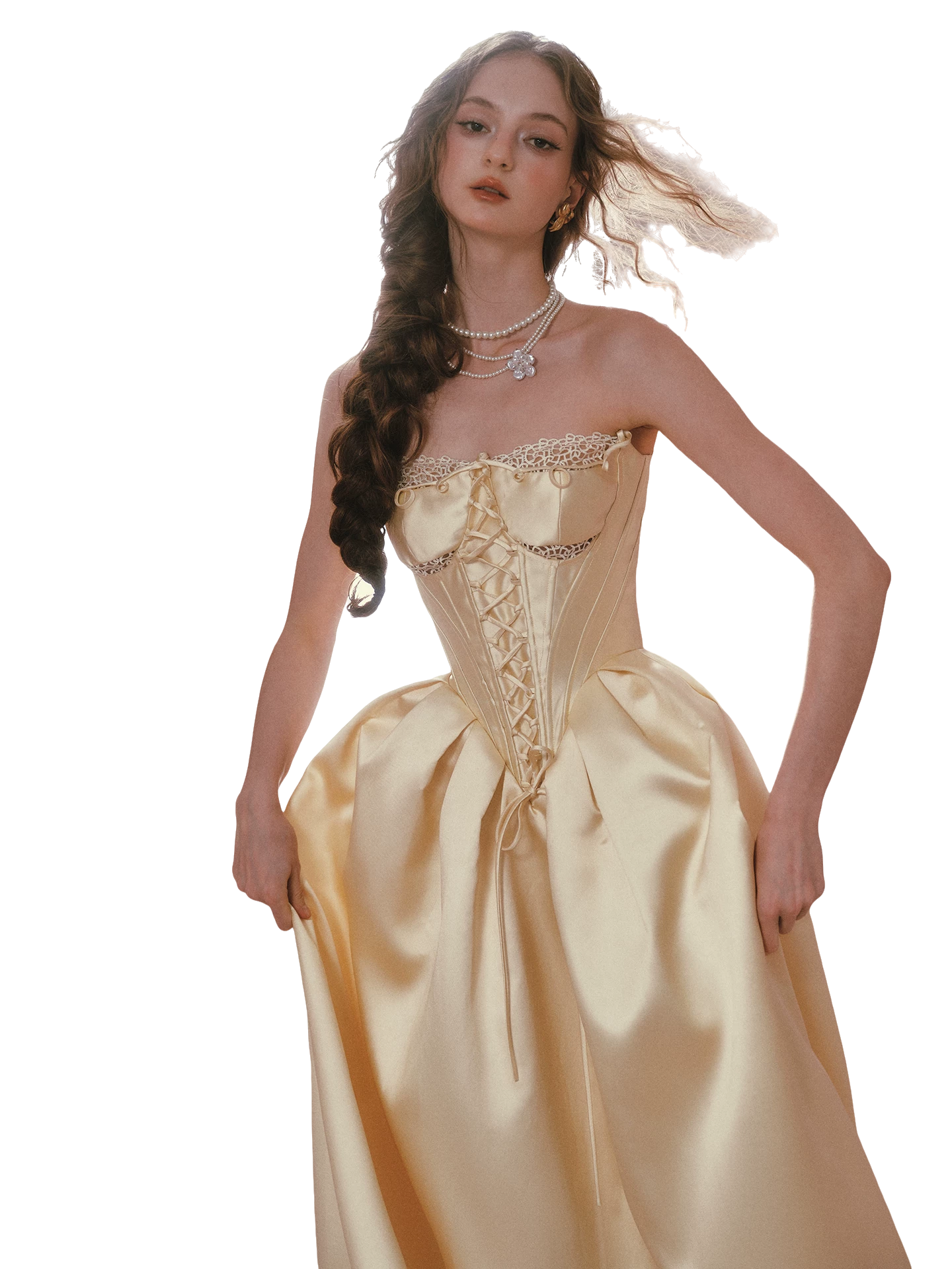 Belle Gold French Satin Lace Corset Dress