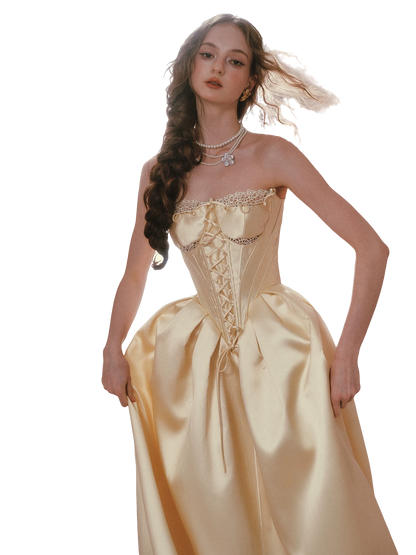 Belle Gold French Satin Lace Corset Dress
