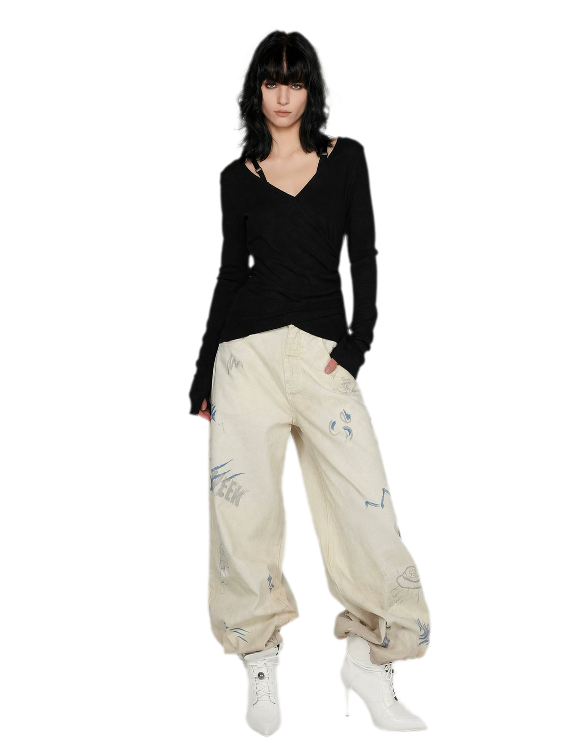 Washed Graffiti Wide-Leg Jeans