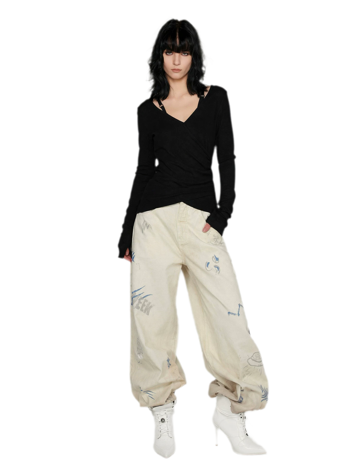 Washed Graffiti Wide-Leg Jeans