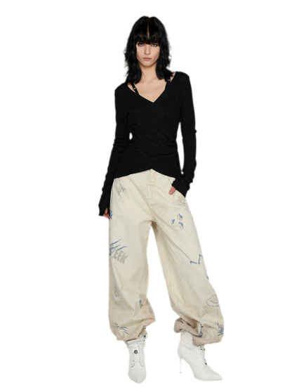 Washed Graffiti Wide-Leg Jeans