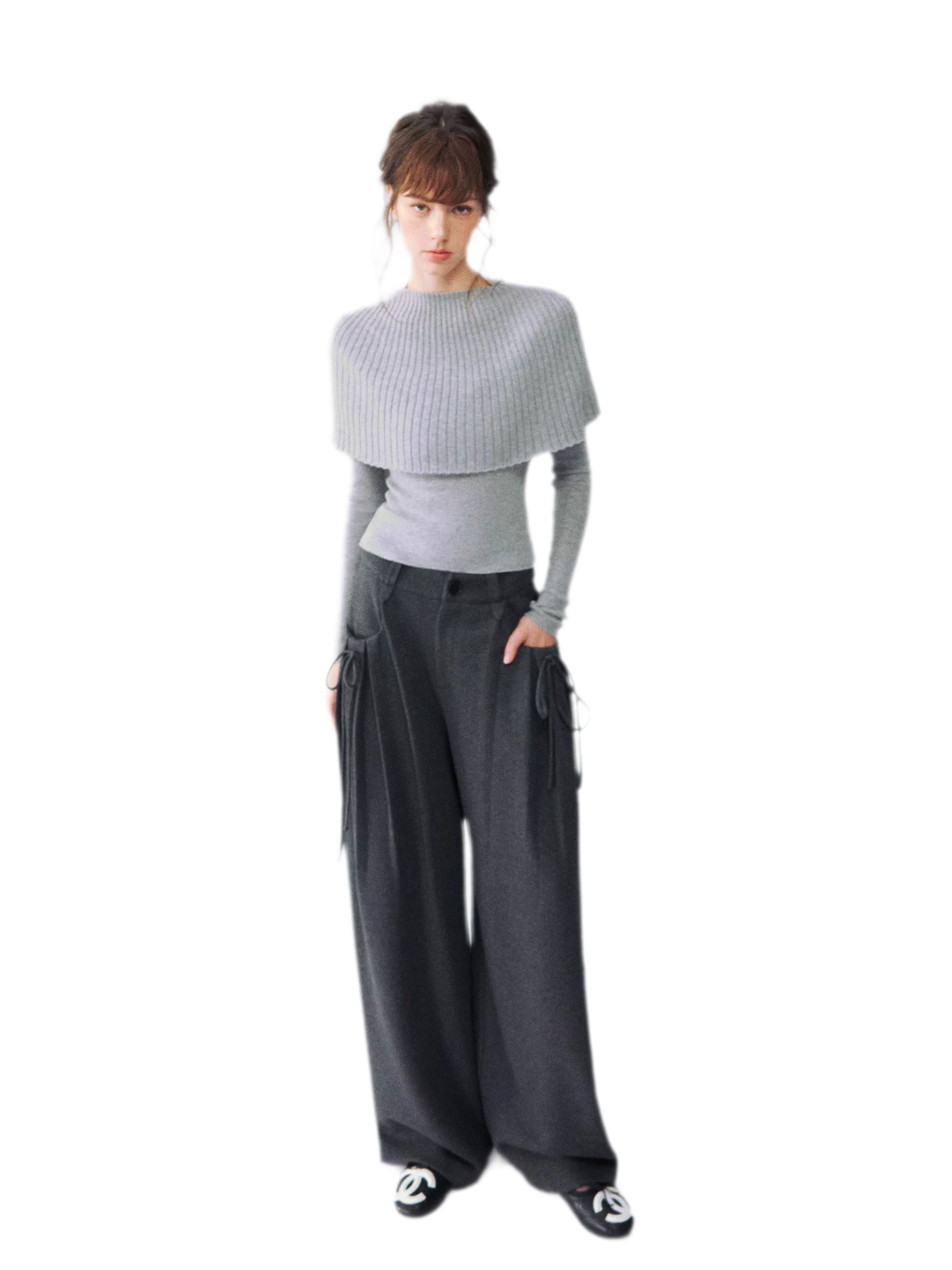 울 혼방 플리츠 와이드 레그 팬츠