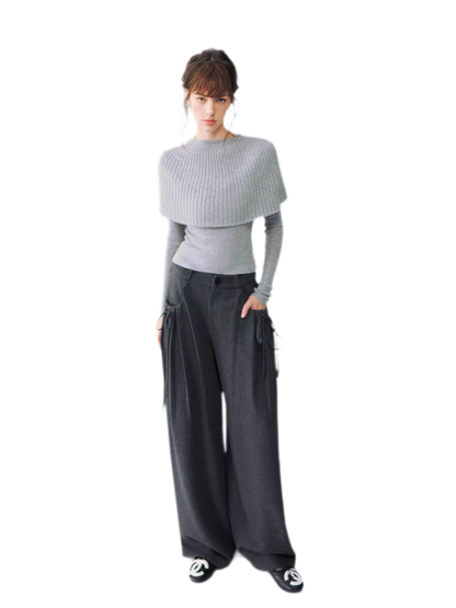 울 혼방 플리츠 와이드 레그 팬츠