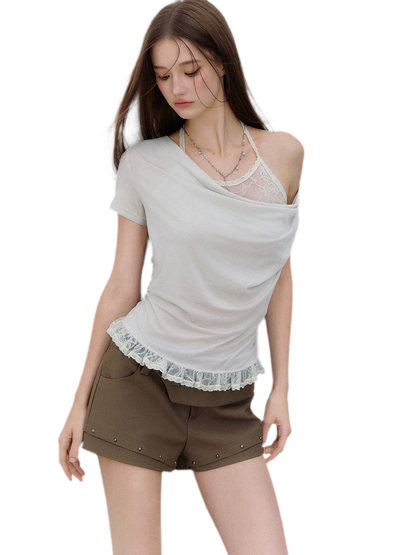 Deconstructed Bow-Tie Hem Studded Shorts