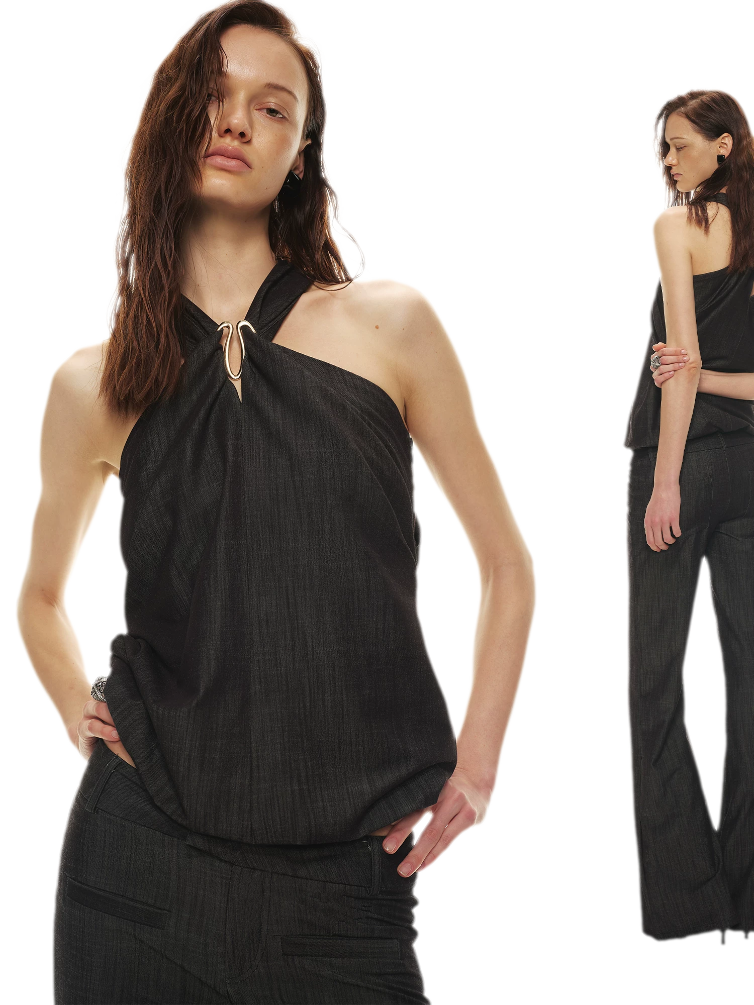 Tencel Hollow Halter Top &amp; Flared Pants Set