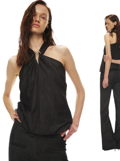 Tencel Hollow Halter Top &amp; Flared Pants Set