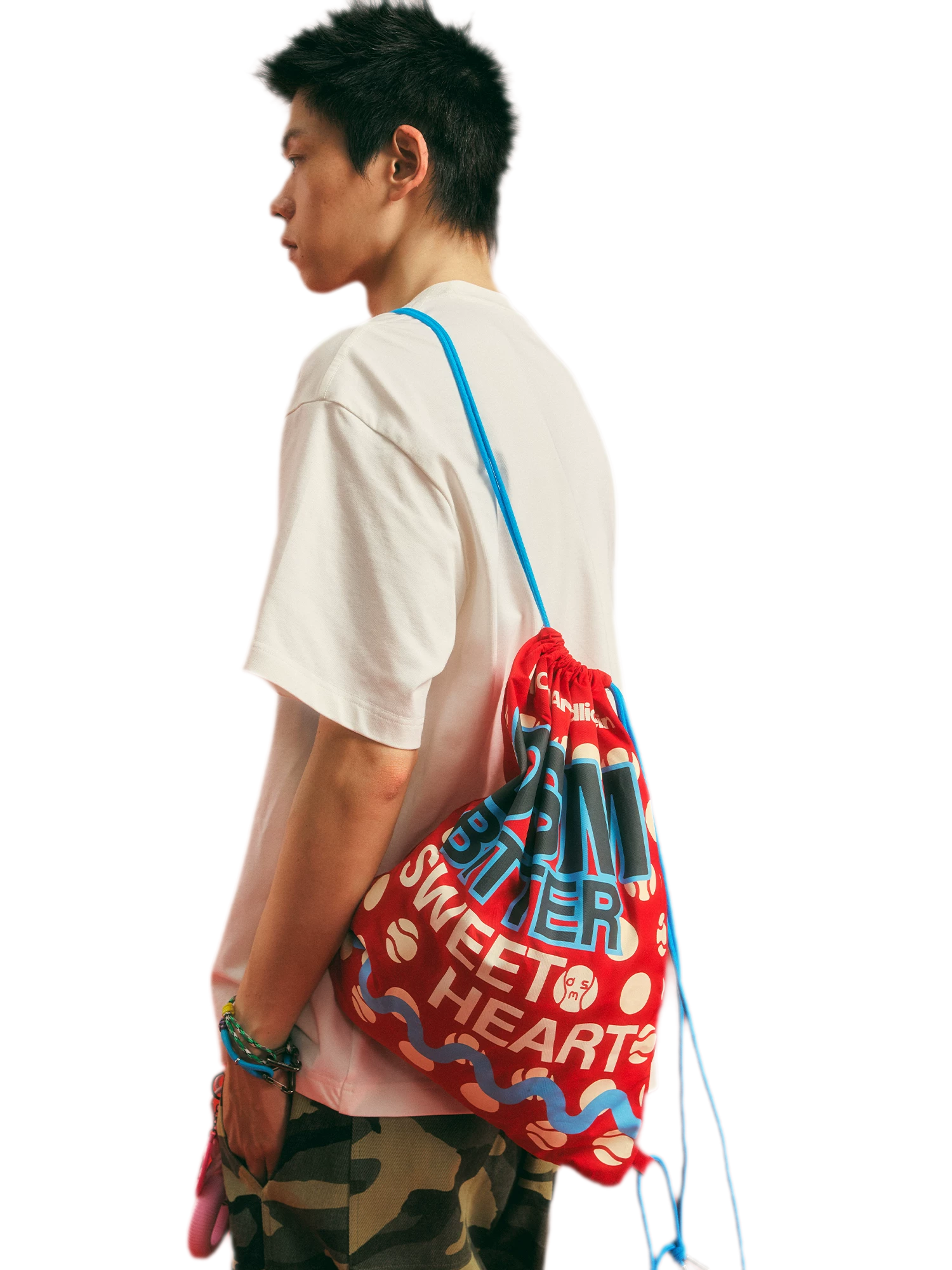Screen-Printed Drawstring Shoulder Bag