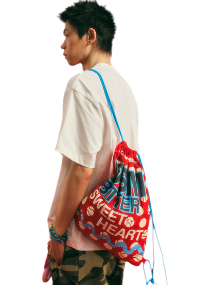 Screen-Printed Drawstring Shoulder Bag