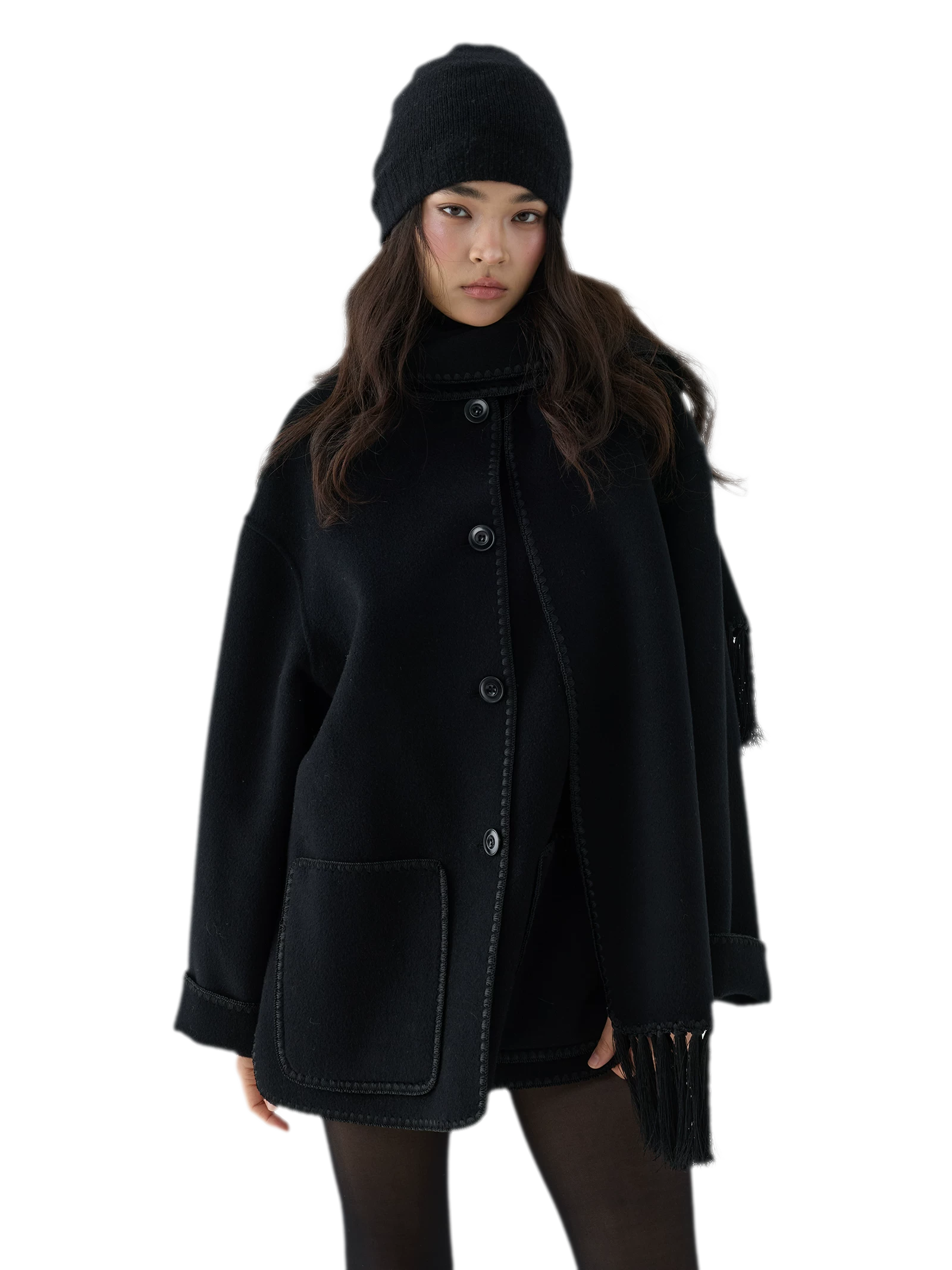 Double-Faced Wool Fringe Cape Coat