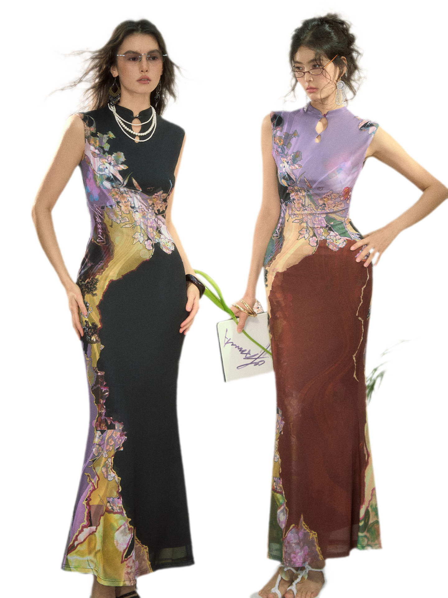 Tri-color Reversible Printed Qipao Dress
