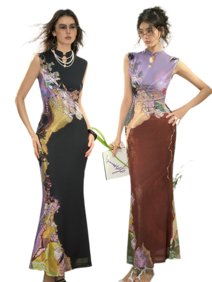Tri-color Reversible Printed Qipao Dress