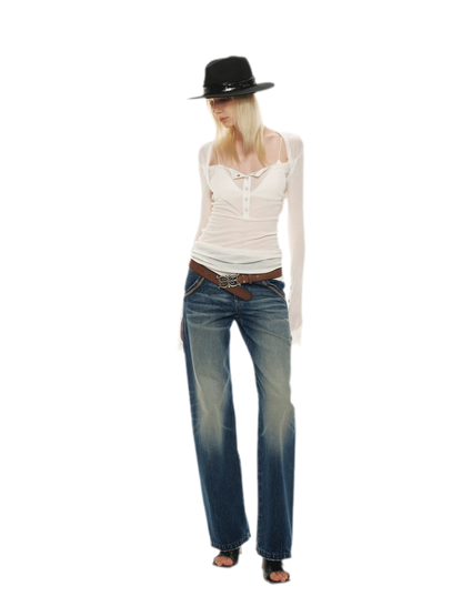 Classic Vintage Washed Distressed Wide-Leg Jeans