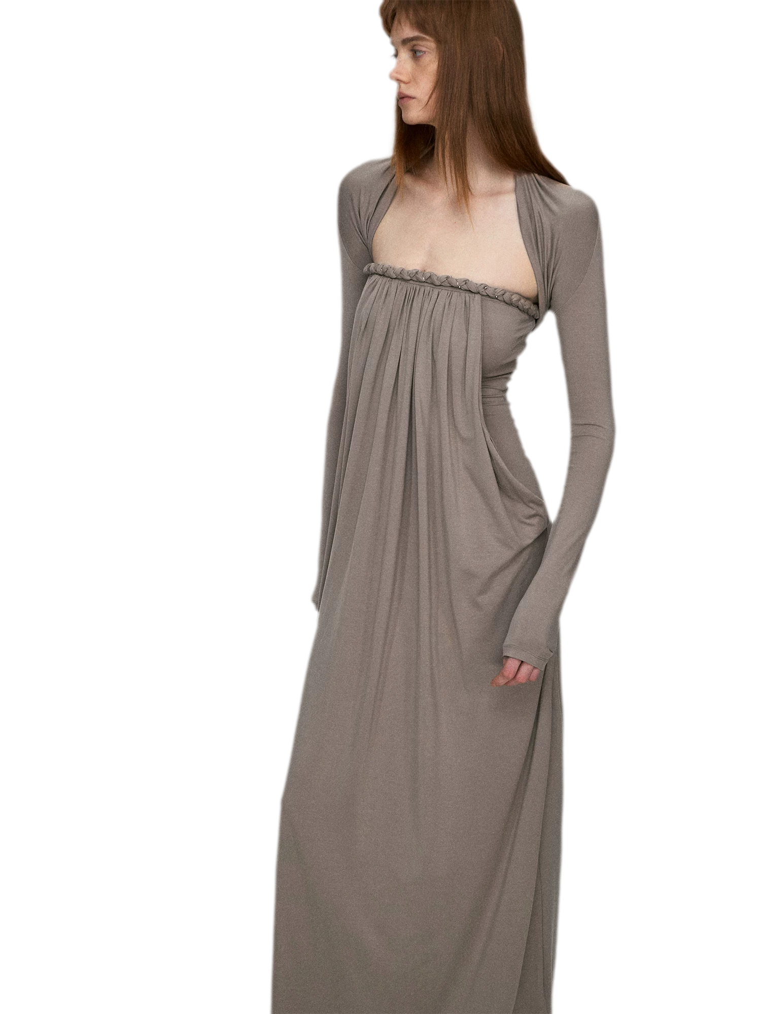 Sculptural 93% Lyocell Pleated Long Dress