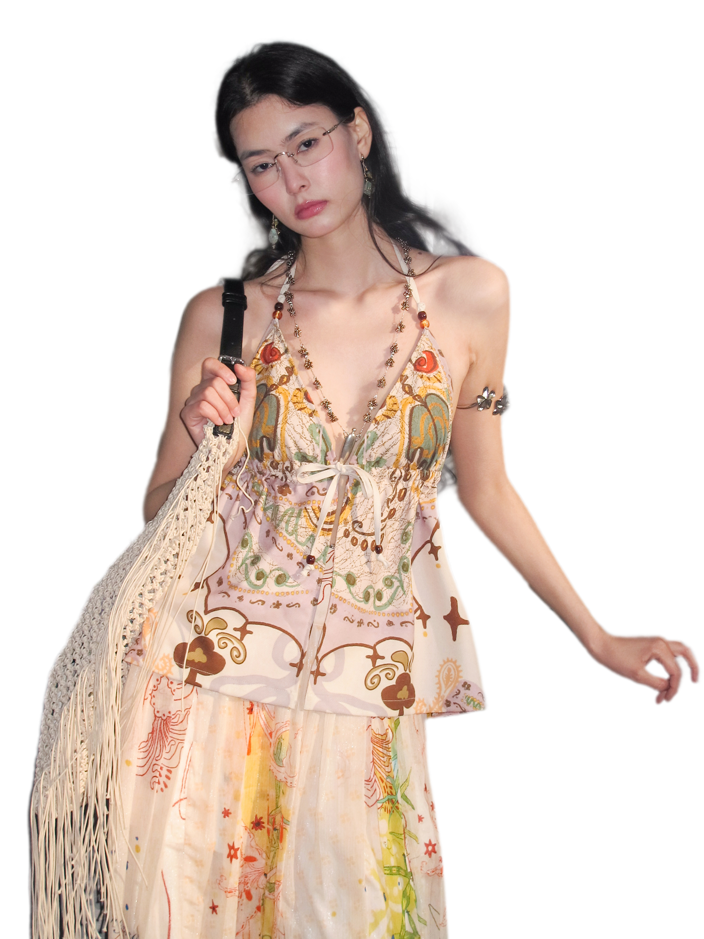 She Island Bohemian Halter Tie-Back Printed Crop Top