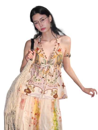 She Island Bohemian Halter Tie-Back Printed Crop Top