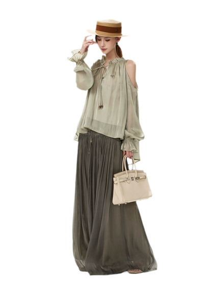 Pearlescent Crushed Chiffon Skirt-Pants