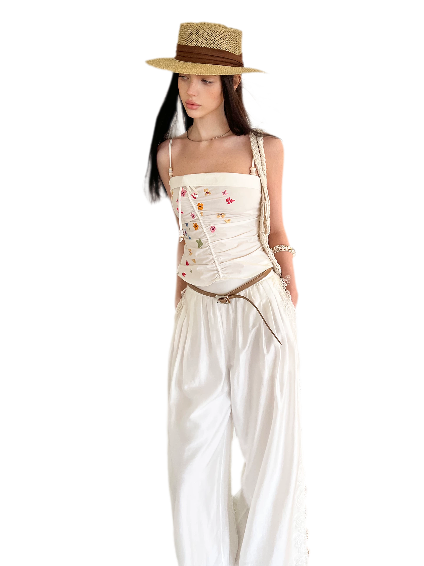 Summer Tencel Wide-Leg Pants with Lace Trim