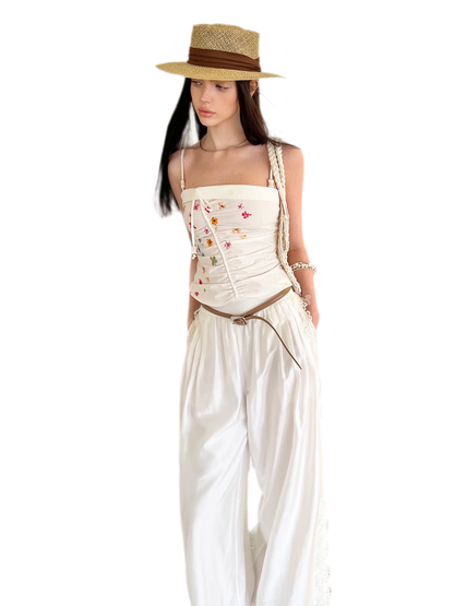 Summer Tencel Wide-Leg Pants with Lace Trim