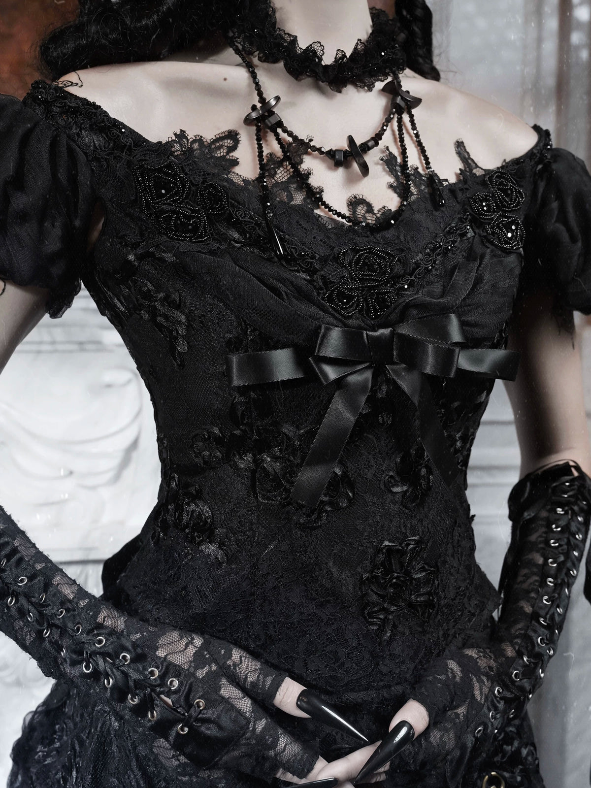 Beaded One-Shoulder Lace Top