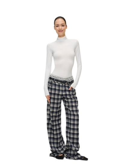 Brushed Plaid Wide-Leg Pants