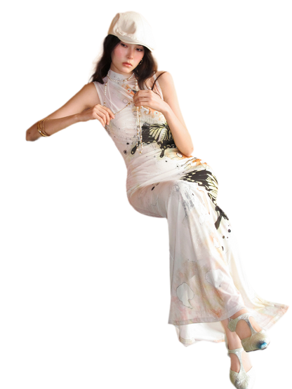 Hand-Painted Butterfly Print Two-Piece Dress Set
