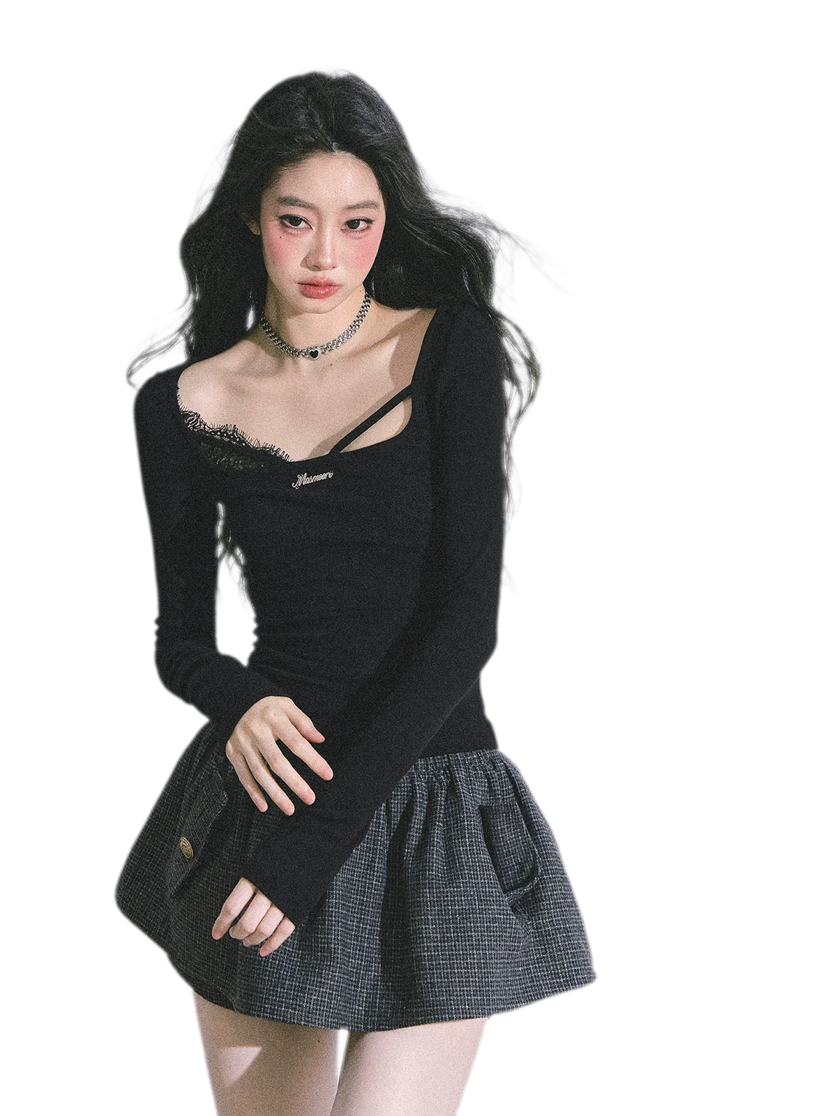 Lace Panel Fitted Long-Sleeve Top