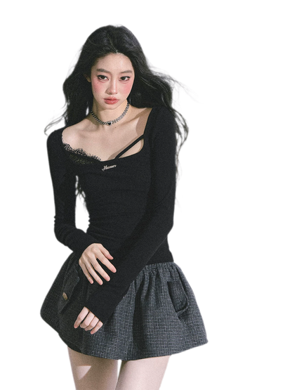 Lace Panel Fitted Long-Sleeve Top