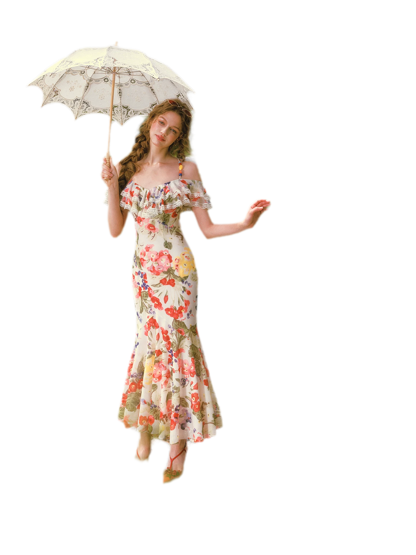 Floral Ruffle Mesh Maxi Dress