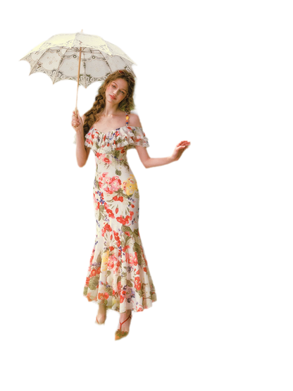 Floral Ruffle Mesh Maxi Dress