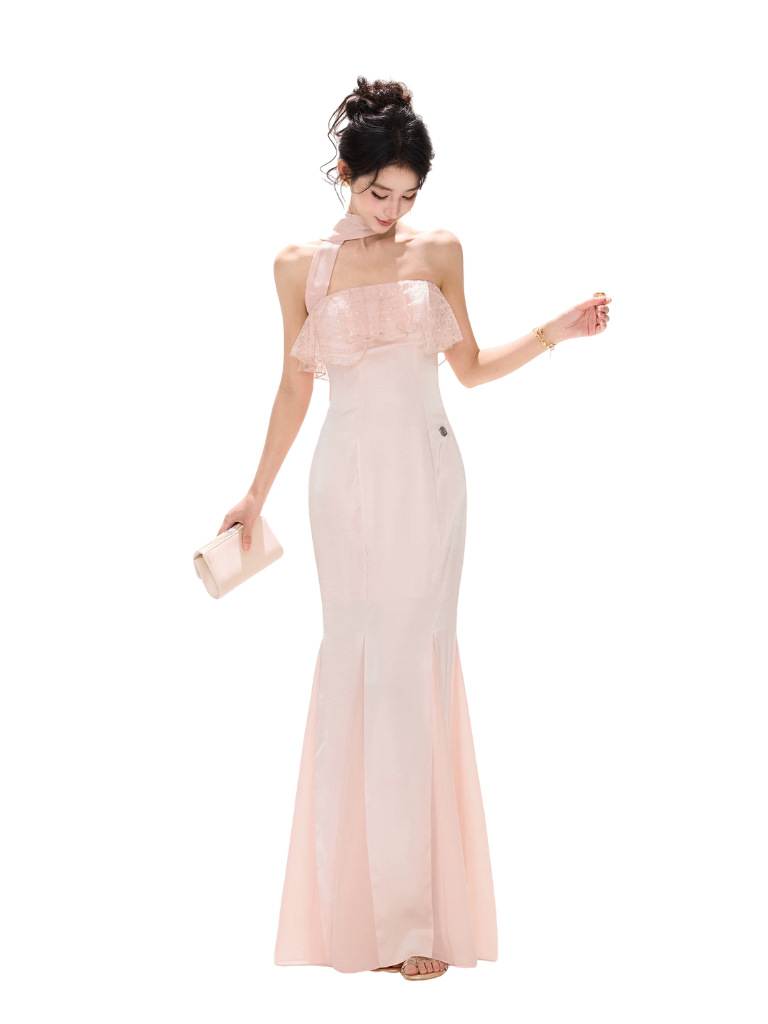 Champagne Pink Lace Fishtail Strapless Long Dress