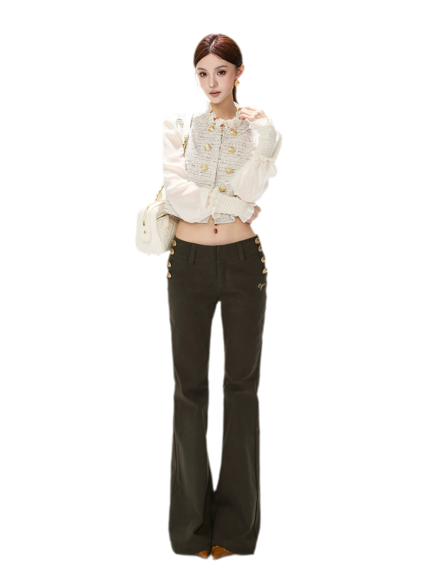 Low-Rise Metal-Button Flare Pants