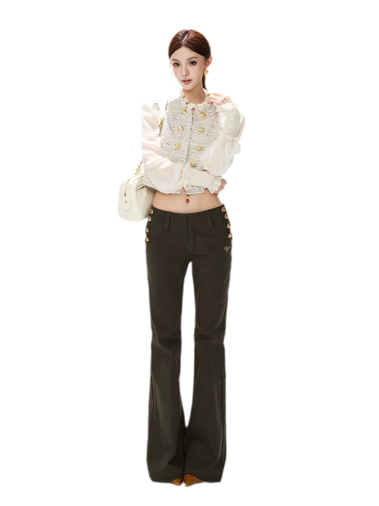 Low-Rise Metal-Button Flare Pants