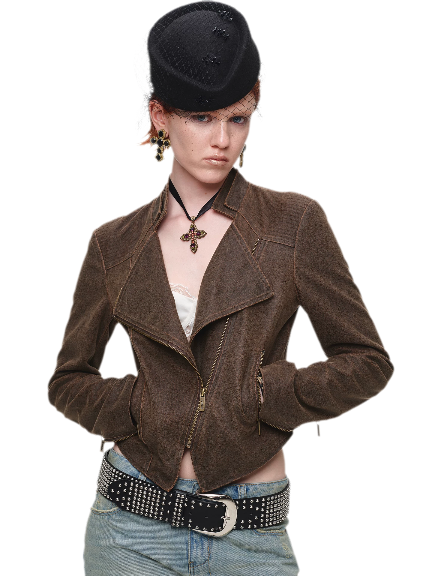 Washed Leather-Look Fitted Jacket