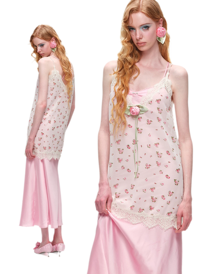 Deep V-Neck Lace Chiffon Satin Dress