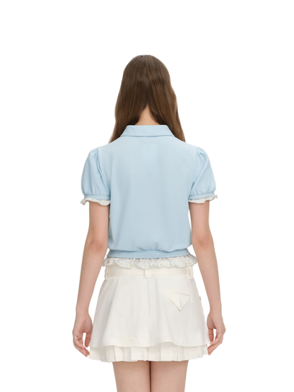 Gathered Puff Sleeve Polo T-shirt