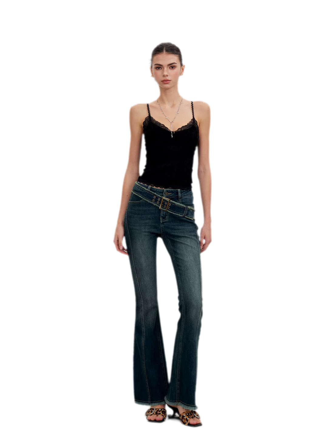 Washed Panel Flare Jeans