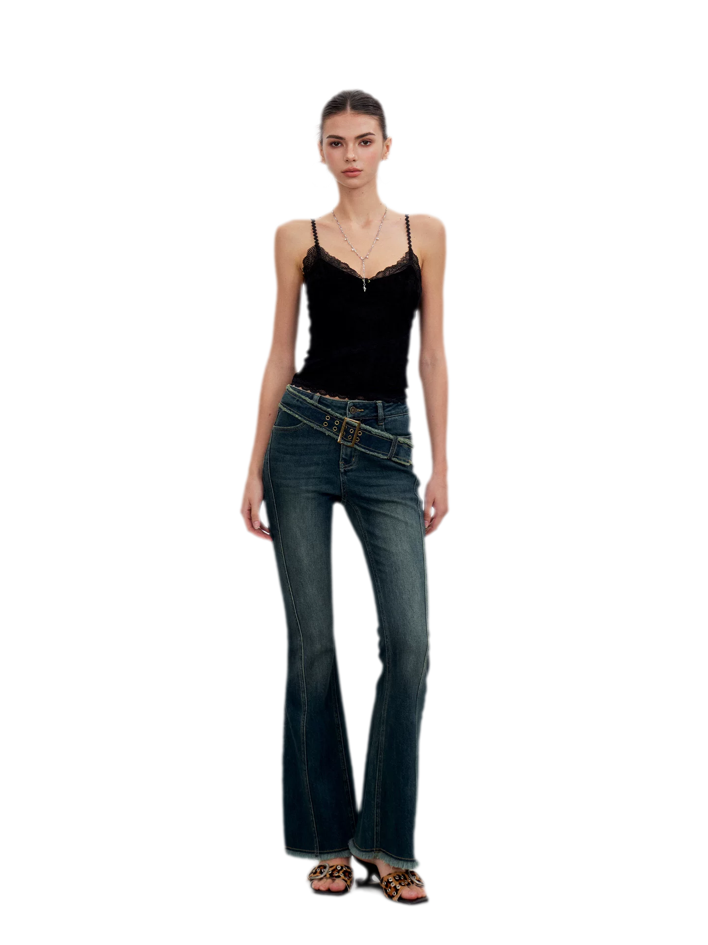 Washed Panel Flare Jeans