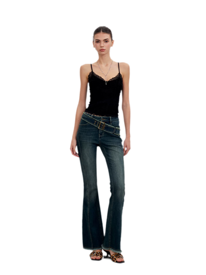 Washed Panel Flare Jeans