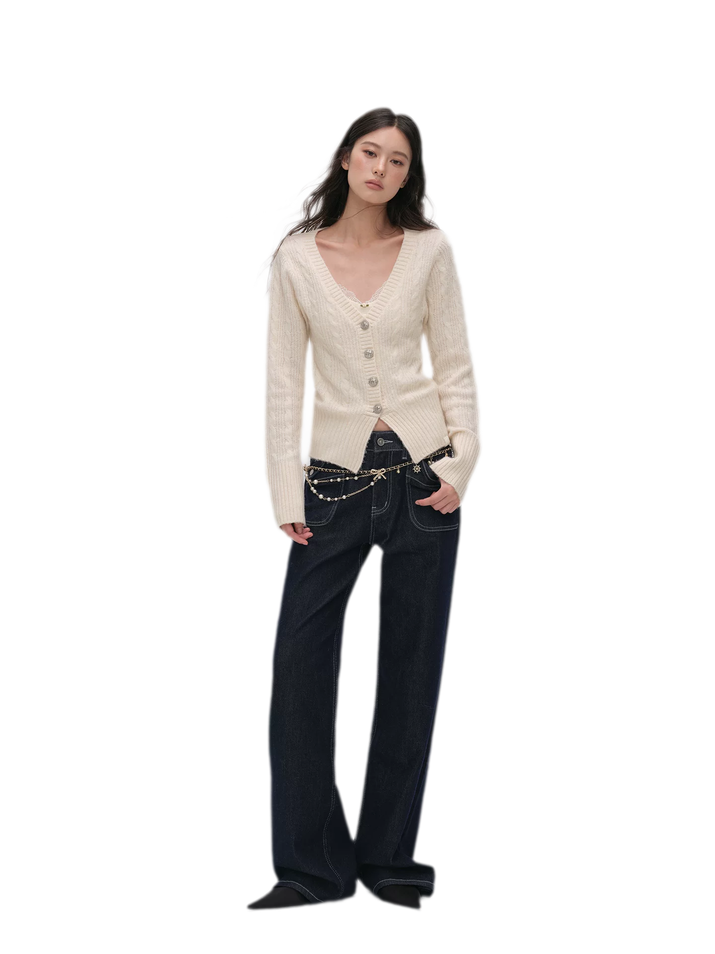 Brushed Cable-Knit Fitted Cardigan
