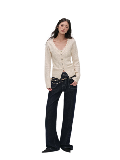Brushed Cable-Knit Fitted Cardigan