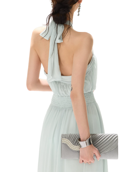 Misty Blue Halter Neck Chiffon Long Dress