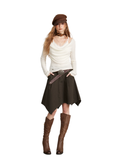 Draped Lace Trim Knit Top