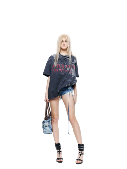 Punk T-shirt with Distressed Print and Open Back