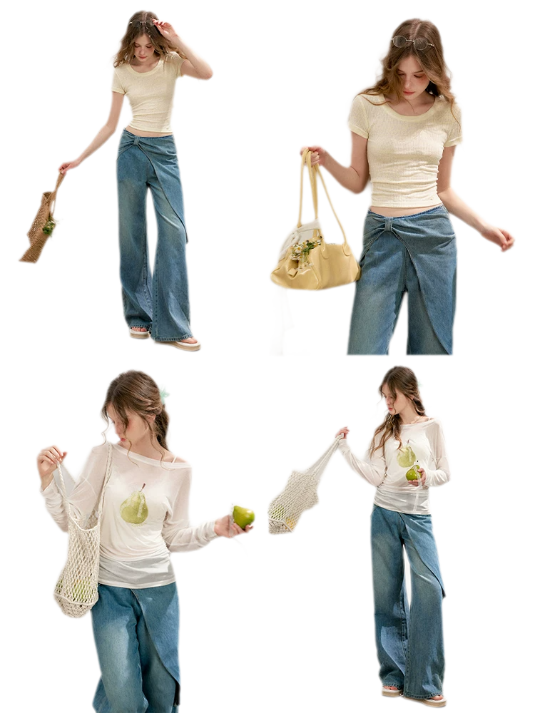 Soft Cotton Wide-Leg Jeans with Bow Detail