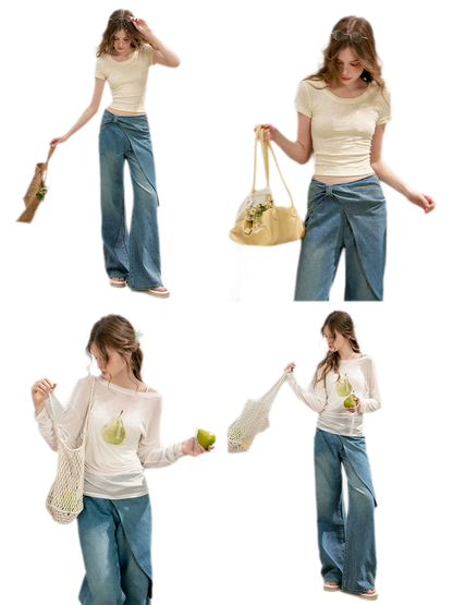 Soft Cotton Wide-Leg Jeans with Bow Detail
