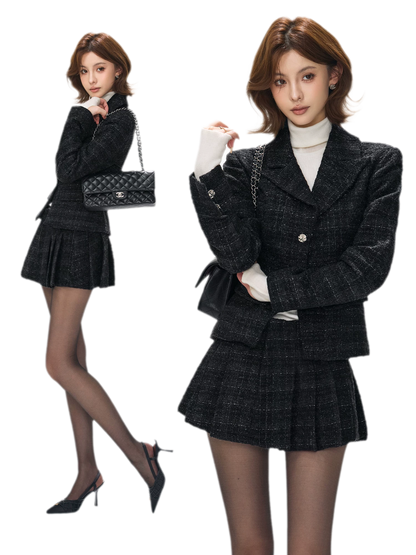 Tweed Jacket Pleated Skirt Set