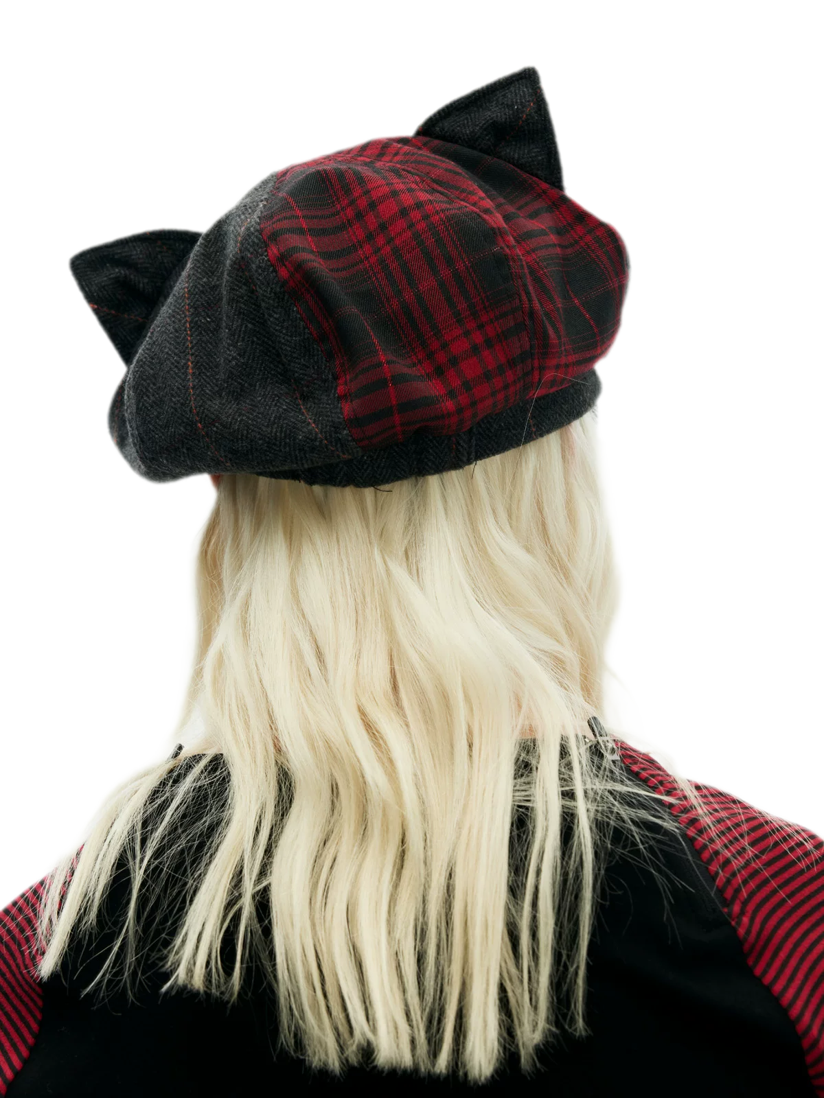 Embroidered Cat-Ear Plaid Newsboy Hat