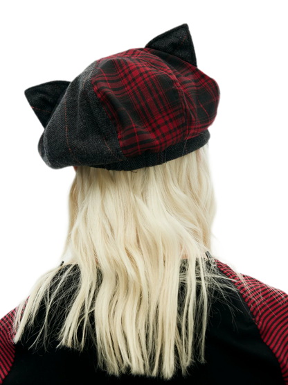 Embroidered Cat-Ear Plaid Newsboy Hat
