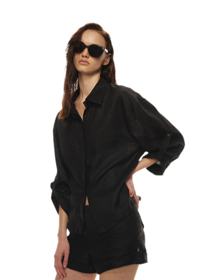 Linen Waist-Defined Shirt &amp; Low-Rise Rolled Shorts Set