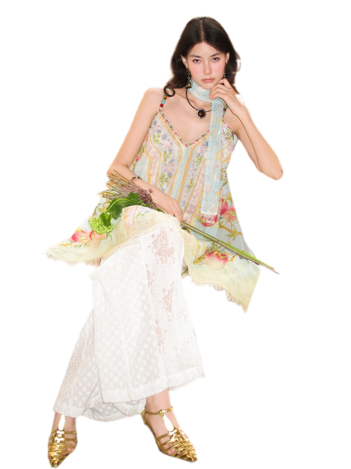 Peach Branch Print Metallic Chiffon Dress